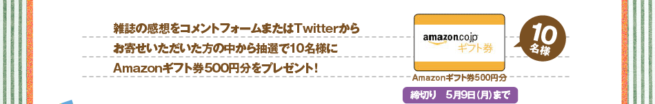 雑誌の感想をコメントフォームまたはTwitterからお寄せいただいた方の中から抽選で10名様にAmazonギフト券500円分をプレゼント！