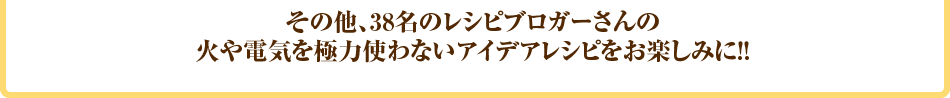 その他、38名のレシピブロガーさんの火や電気を極力使わないアイデアレシピをお楽しみに！！