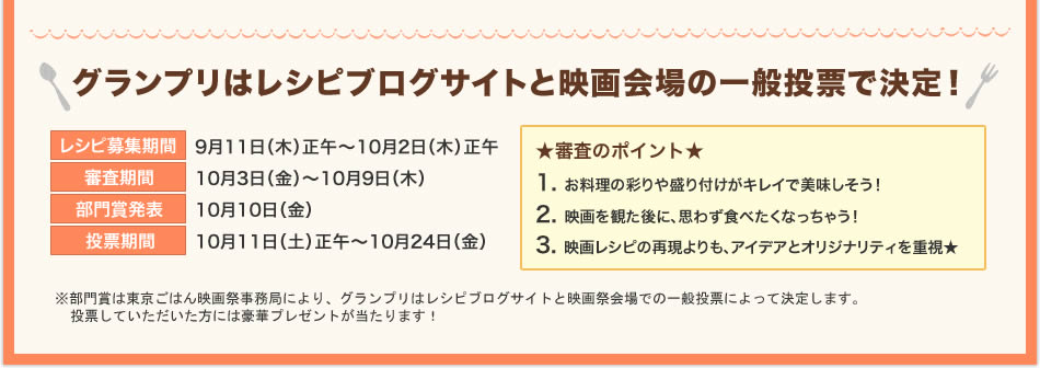 グランプリはレシピブログサイトと映画会場の一般投票で決定！