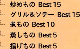 炒めもの Best15・グリル＆ソテー Best15・煮もの　Best10・蒸しもの Best5・揚げもの Best5