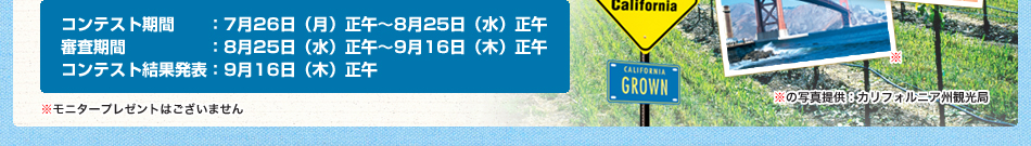 コンテスト期間　　：7月26日（月）正午～8月25日（水）正午
審査期間　　　　　：8月25日（水）正午～9月16日（木）正午
コンテスト結果発表：9月16日（木）正午
※モニタープレゼントはございません