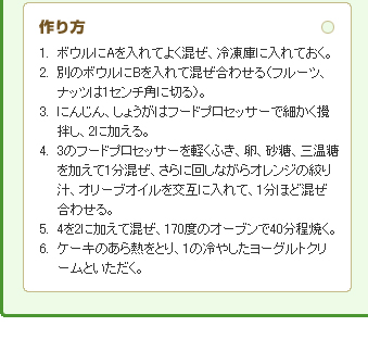 1. ボウルにAを入れてよく混ぜ、冷凍庫に入れておく。
2. 別のボウルにBを入れて混ぜ合わせる（フルーツ、ナッツは1センチ角に切る）。
3. にんじん、しょうがはフードプロセッサーで細かく攪拌し、2に加える。
4. 3のフードプロセッサーを軽くふき、卵、砂糖、三温糖を加えて1分混ぜ、さらに回しながらオレンジの絞り汁、オリーブオイルを交互に入れて、1分ほど混ぜ合わせる。
5. 4を2に加えて混ぜ、170度のオーブンで40分程焼く。
6. ケーキのあら熱をとり、1の冷やしたヨーグルトクリームといただく。
