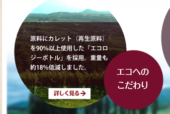 エコへのこだわり／原料にカレット（再生原料）を90％以上使用した「エコロジーボトル」を採用。重量も約18％低減しました。