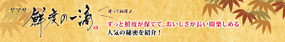 ヤマサ鮮度の一滴
        ずっと鮮度が保てて、おいしさが長い間楽しめる人気の秘密を紹介！