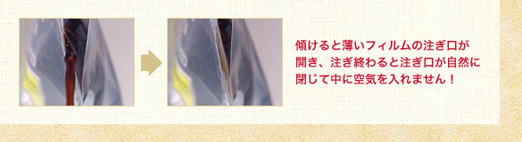 傾けると薄いフィルムの注ぎ口が開き、注ぎ終わると注ぎ口が自然に閉じて中に空気を入れません！