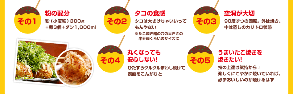 その1：粉の配分、その2：タコの食感、その3：空洞が大切、その4：丸くなっても安心しない！、その5：うまいたこ焼きを焼きたい！