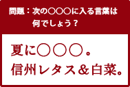 問題：次の○○○に入る言葉は何でしょう？　夏に○○○。信州レタス＆白菜。