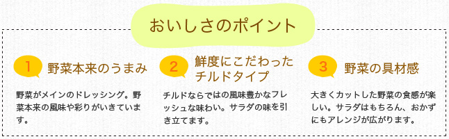 おいしさのポイント／1 野菜本来のうまみ　野菜がメインのドレッシング。野菜本来の風味や彩りがいきています。／2 鮮度にこだわったチルドタイプ　チルドならではの風味豊かなフレッシュな味わい。サラダの味を引き立てます。／3 野菜の具材感　大きくカットした野菜の食感が楽しい。サラダはもちろん、おかずにもアレンジが広がります。