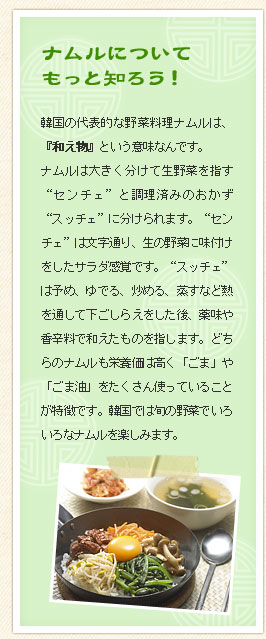 ナムルについてもっと知ろう！韓国の代表的な野菜料理ナムルは、『和え物』という意味なんです。ナムルは大きく分けて生野菜を指す“センチェ”と調理済みのおかず“スッチェ”に分けられます。“センチェ”は文字通り、生の野菜に味付けをしたサラダ感覚です。“スッチェ”は予め、ゆでる、炒める、蒸すなど熱を通して下ごしらえをした後、薬味や香辛料で和えたものを指します。どちらのナムルも栄養価は高く「ごま」や「ごま油」をたくさん使っていることが特徴です。韓国では旬の野菜でいろいろなナムルを楽しみます。