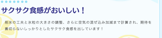 サクサク食感がおいしい！／削氷の工夫と氷粒の大きさの調整、さらに空気の混ぜ込み加減まで計算され、期待を裏切らないしっかりとしたサクサク食感を出しています！