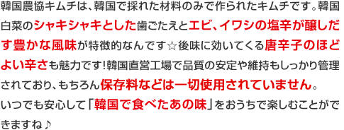 韓国農協キムチは、韓国で採れた材料のみで作られたキムチです。韓国白菜のシャキシャキとした歯ごたえとエビ、イワシの塩辛が醸しだす豊かな風味が特徴的なんです☆後味に効いてくる唐辛子のほどよい辛さも魅力です！韓国直営工場で品質の安定や維持もしっかり管理されており、もちろん保存料などは一切使用されていません。
いつでも安心して「韓国で食べたあの味」をおうちで楽しむことができますね♪