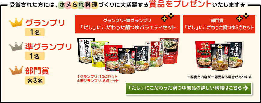 入賞された方には、ホメられ料理づくりに大活躍する賞品をプレゼントいたします★