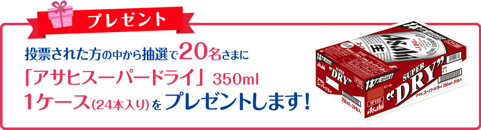 投票された方の中から抽選で20名さまに「アサヒスーパードライ」 350ml　1ケース（24本入り）をプレゼントします ！