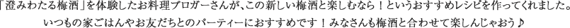 「澄みわたる梅酒」を体験したお料理ブロガーさんが、この新しい梅酒と楽しむなら！というおすすめレシピを作ってくれました。いつもの家ごはんやお友だちとのパーティーにおすすめです！みなさんも梅酒と合わせて楽しんじゃおう♪