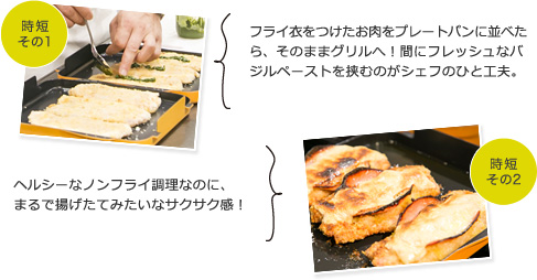 時短その1：フライ衣をつけたお肉をプレートパンに並べたら、そのままグリルへ！間にフレッシュなバジルペーストを挟むのがシェフのひと工夫。／時短その2：ヘルシーなノンフライ調理なのに、まるで揚げたてみたいなサクサク感！