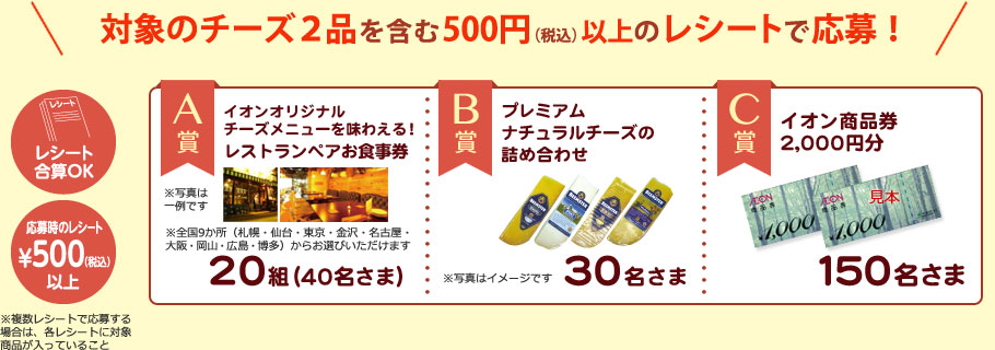 対象のチーズ2品を含む500円(税込)以上のレシートで応募!