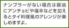 ナンプラーがない場合は醤油にアンチョビや塩辛などを加えるとタイ料理風のアレンジが楽しめますよ。