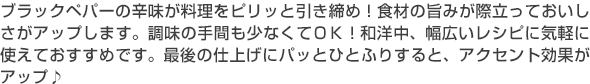 ブラックペパーの辛味が料理をピリッと引き締め！食材の旨みが際立っておいしさがアップします。調味の手間も少なくてＯＫ！和洋中、幅広いレシピに気軽に使えておすすめです。最後の仕上げにパッとひとふりすると、アクセント効果がアップ♪