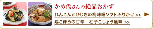 かめ代さんの絶品おかず れんこんとひじきの梅味噌ソフトふりかけ >>鶏ごぼうの甘辛　柚子こしょう風味 >>