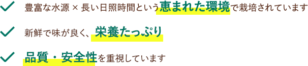 豊富な水源×長い日照時間という恵まれた環境で栽培されています。新鮮で味が良く、栄養たっぷり。品質・安全性を重視しています。